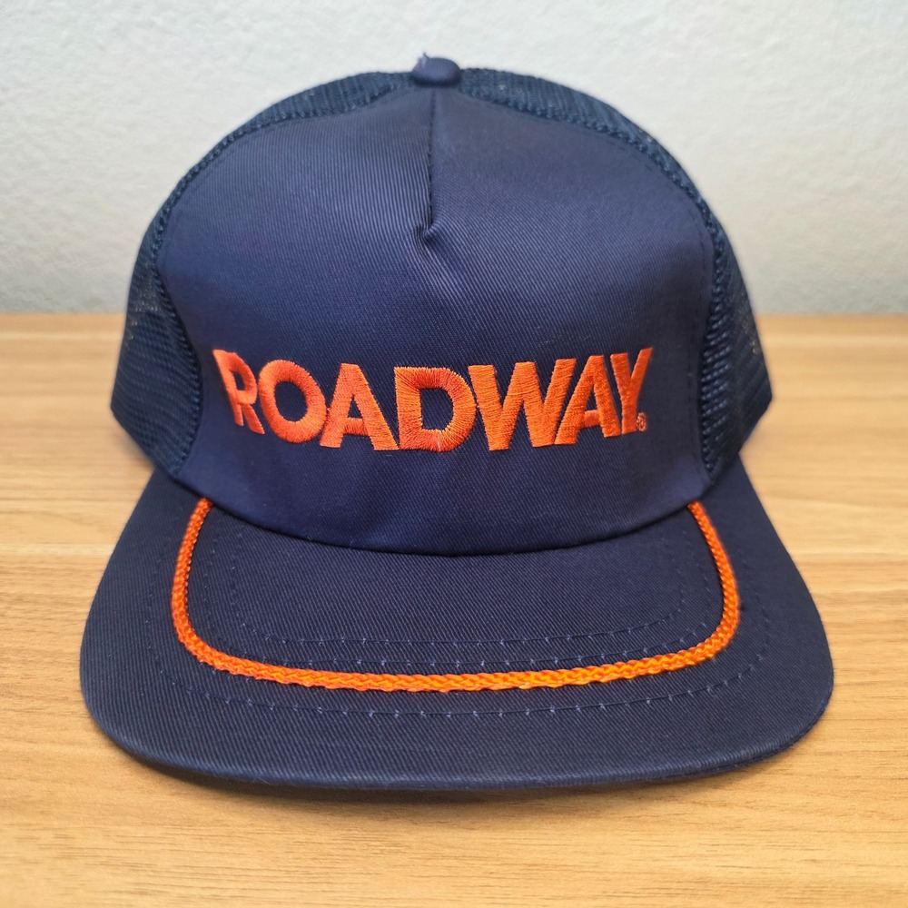 Vintage Roadway Hat Snapback Trucker Cap Mens Blue Orange Mesh Back Retro
